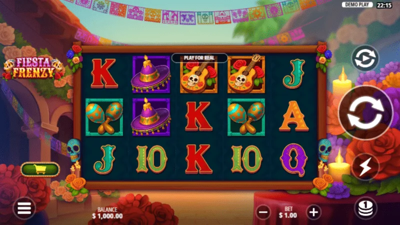Fiesta Frenzy - หน้าจอเกมพร้อมวงล้อและภาพสัญลักษณ์เม็กซิกัน